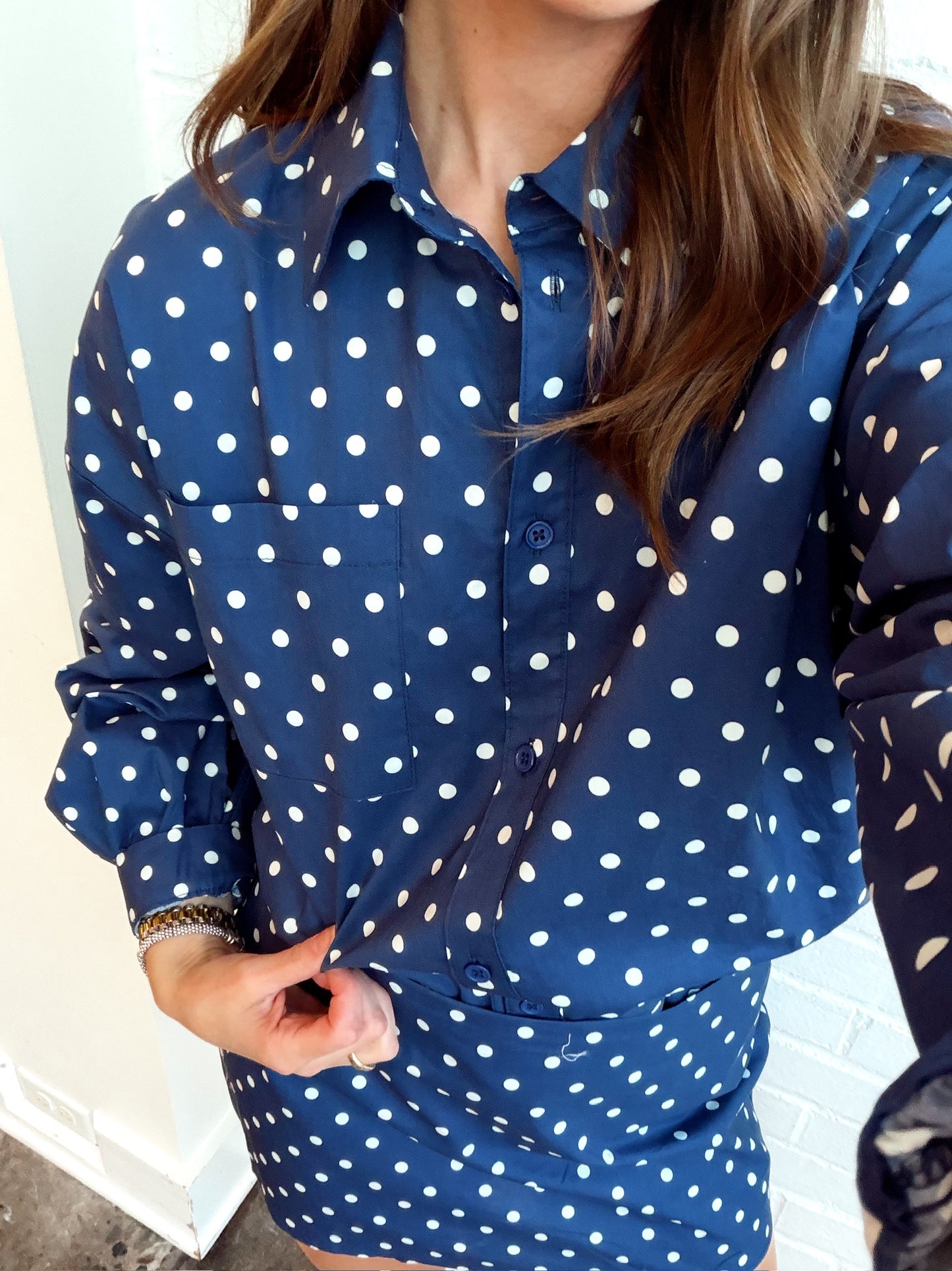 OVERSIZED POLKA DOT BUTTON DOWN SHIRT- NAVY