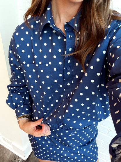 OVERSIZED POLKA DOT BUTTON DOWN SHIRT- NAVY
