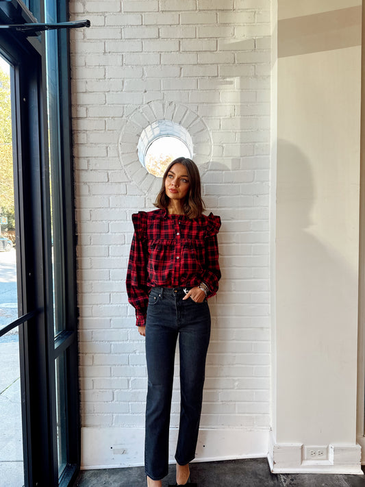 RUFFLE PLAID BLOUSE