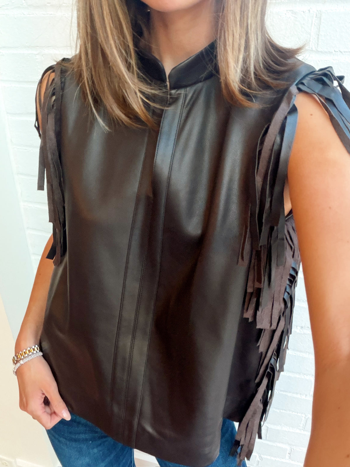 FAUX LEATHER FRINGE TOP