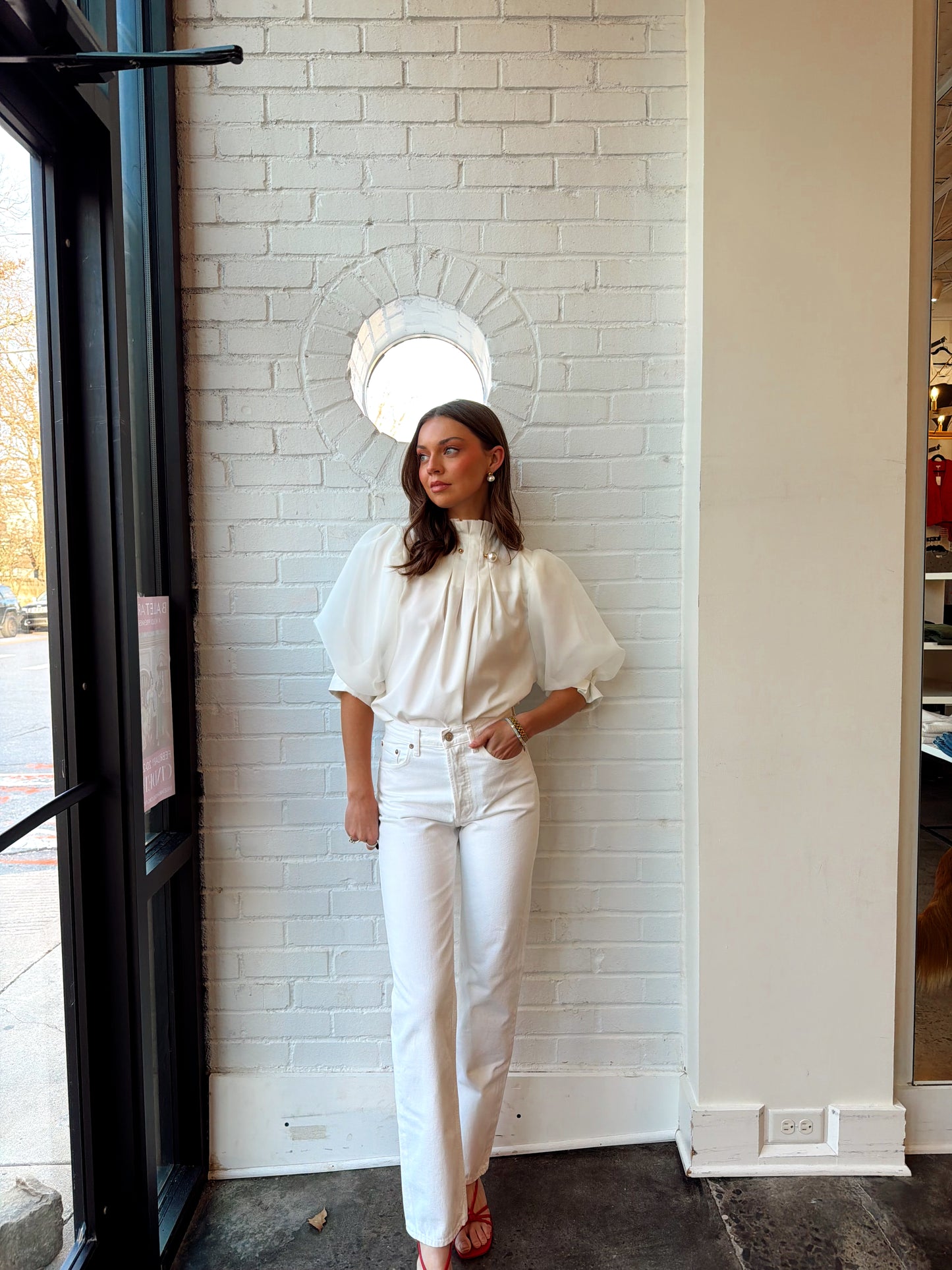 PEARL DETAIL SHEER PUFF SLEEVE BLOUSE