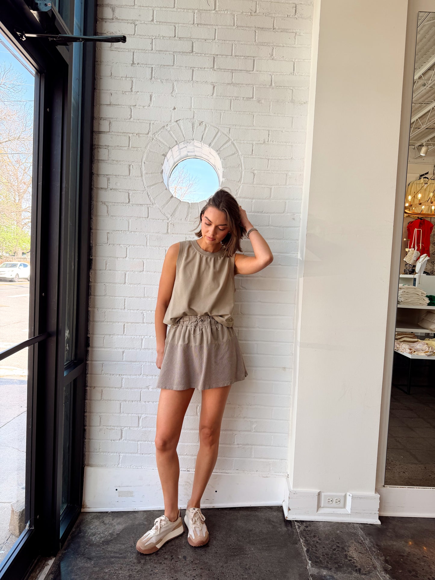 SLEEVELESS COTTON TERRY TOP W/ MESH WAIST