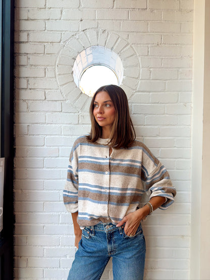 STRIPED CREW NECK BUTTON FRONT CARDIGAN