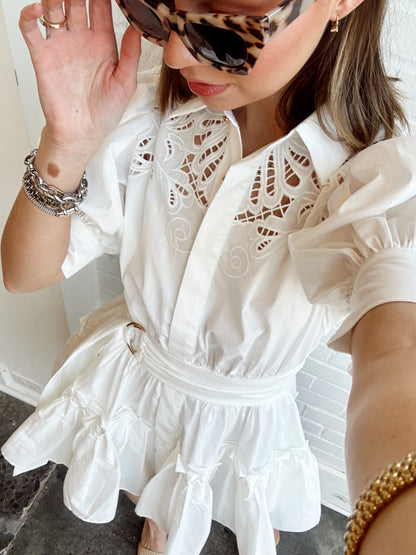 EMBROIDERED PUFF SLEEVE MINI SHIRT DRESS