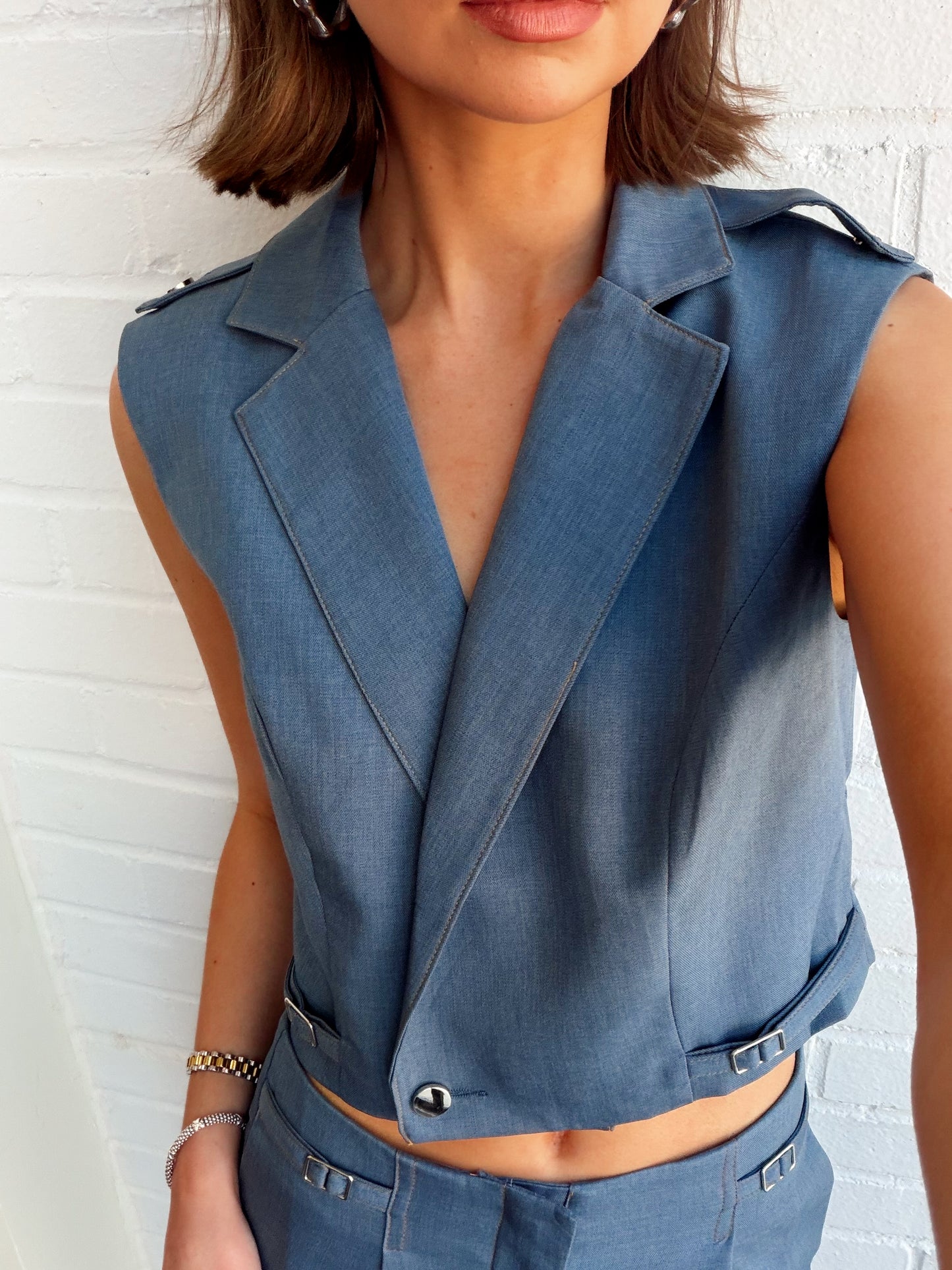 SIDE DETAILED TAILORED VEST- DUSTY BLUE