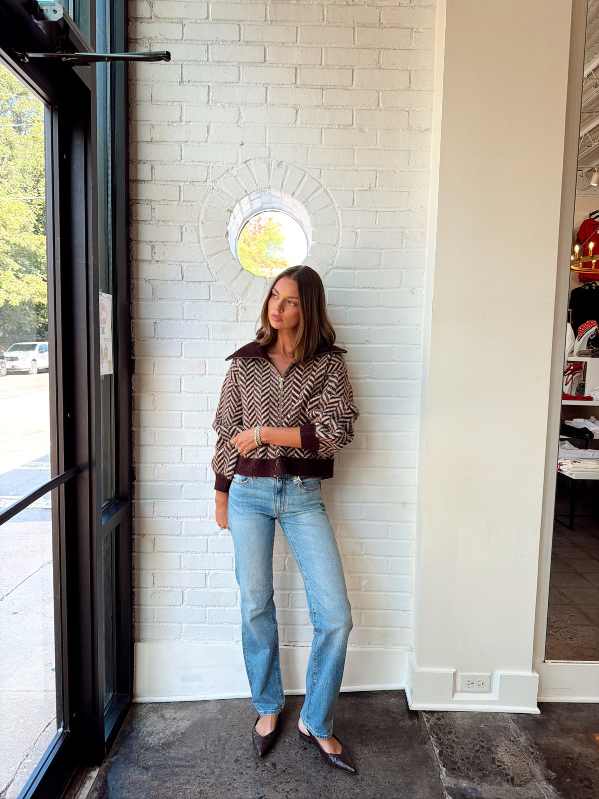HERRINGBONE ZIP FRONT CARDIGAN