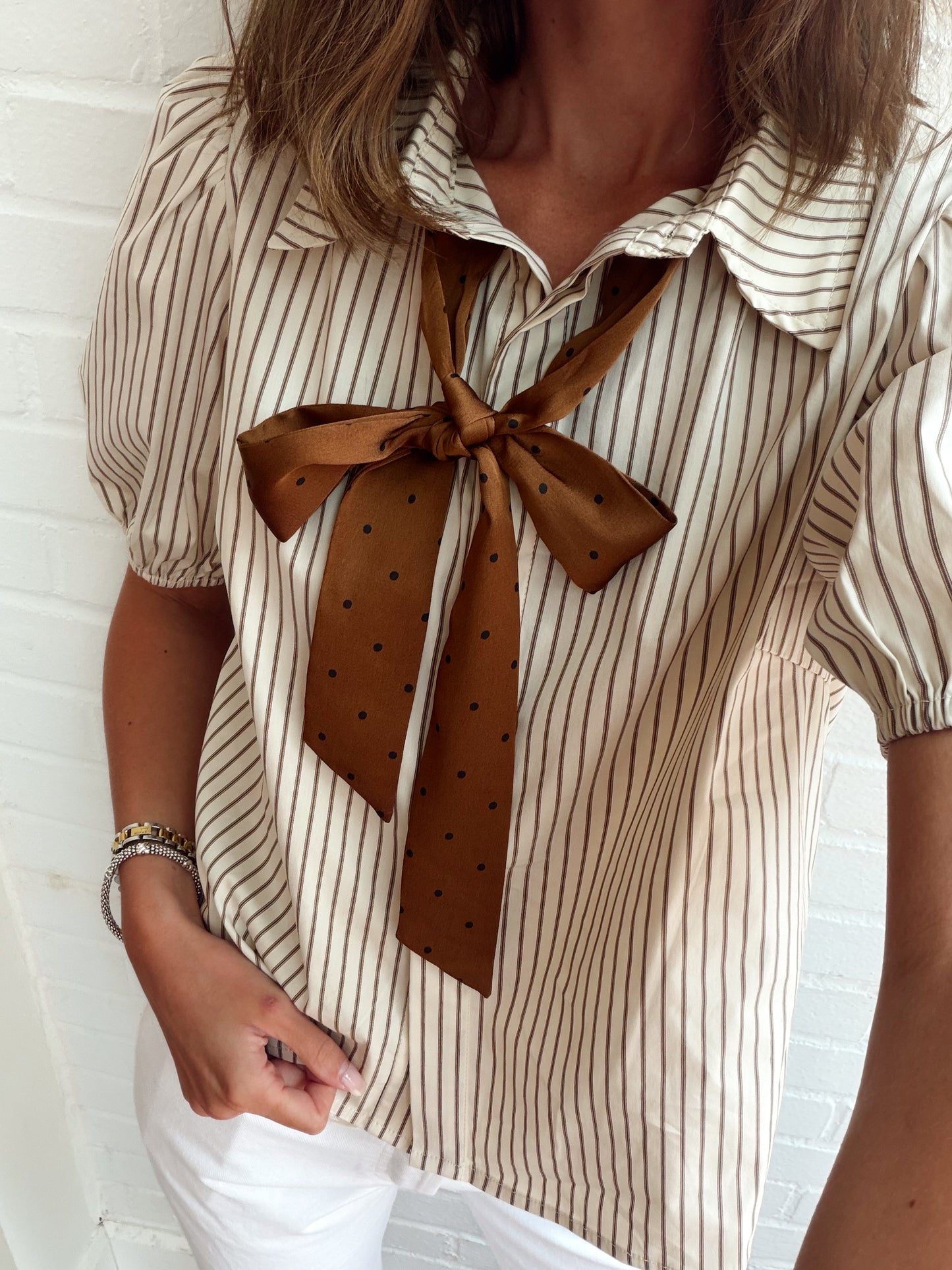 SATIN BOW DETAILED BUTTON DOWN SHIRT TOP