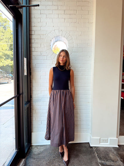 MOCK NECK W/ STRIPED SKIRT MAXI DRESS