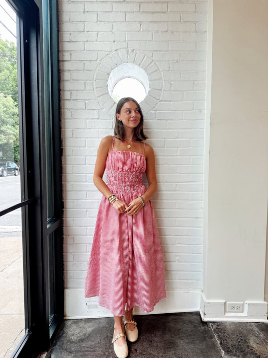 SEERSUCKER GINGHAM MIDI DRESS