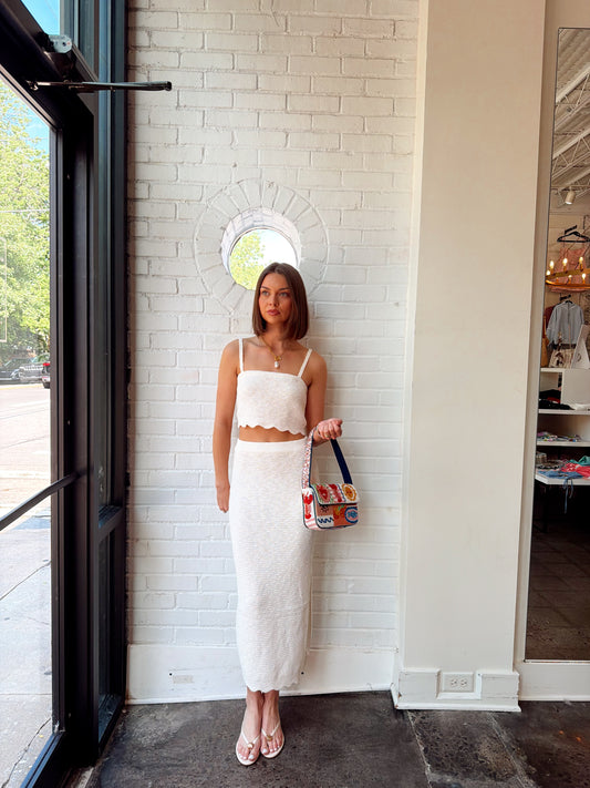 SCALLOP DETAIL TUBE TOP & MIDI KNIT SKIRT SET