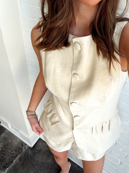 LINEN BUTTON DOWN VEST & SHORTS SET