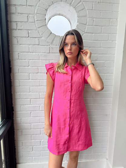 LINEN FLUTTER SLEEVE DRESS