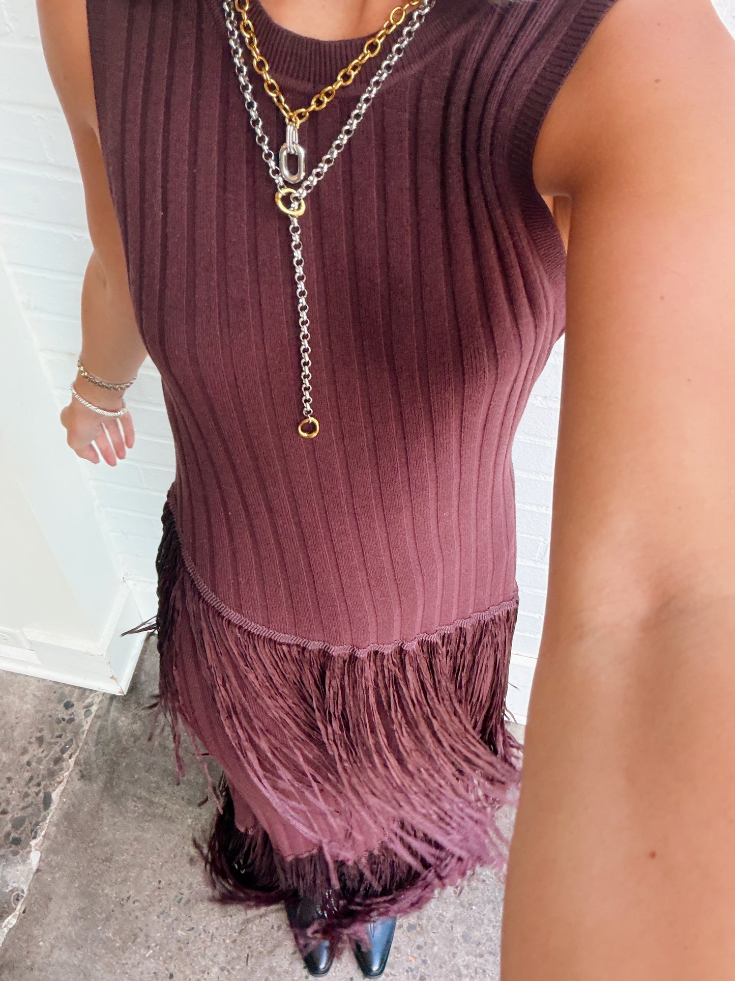 AYSMMETRIC FRINGE MAXI DRESS