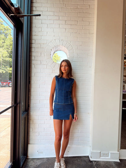 DENIM OPEN BACK TOP & MICRO MINI SKORT SET