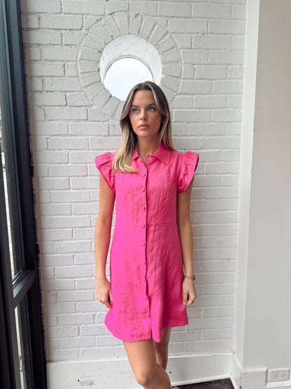 LINEN FLUTTER SLEEVE DRESS