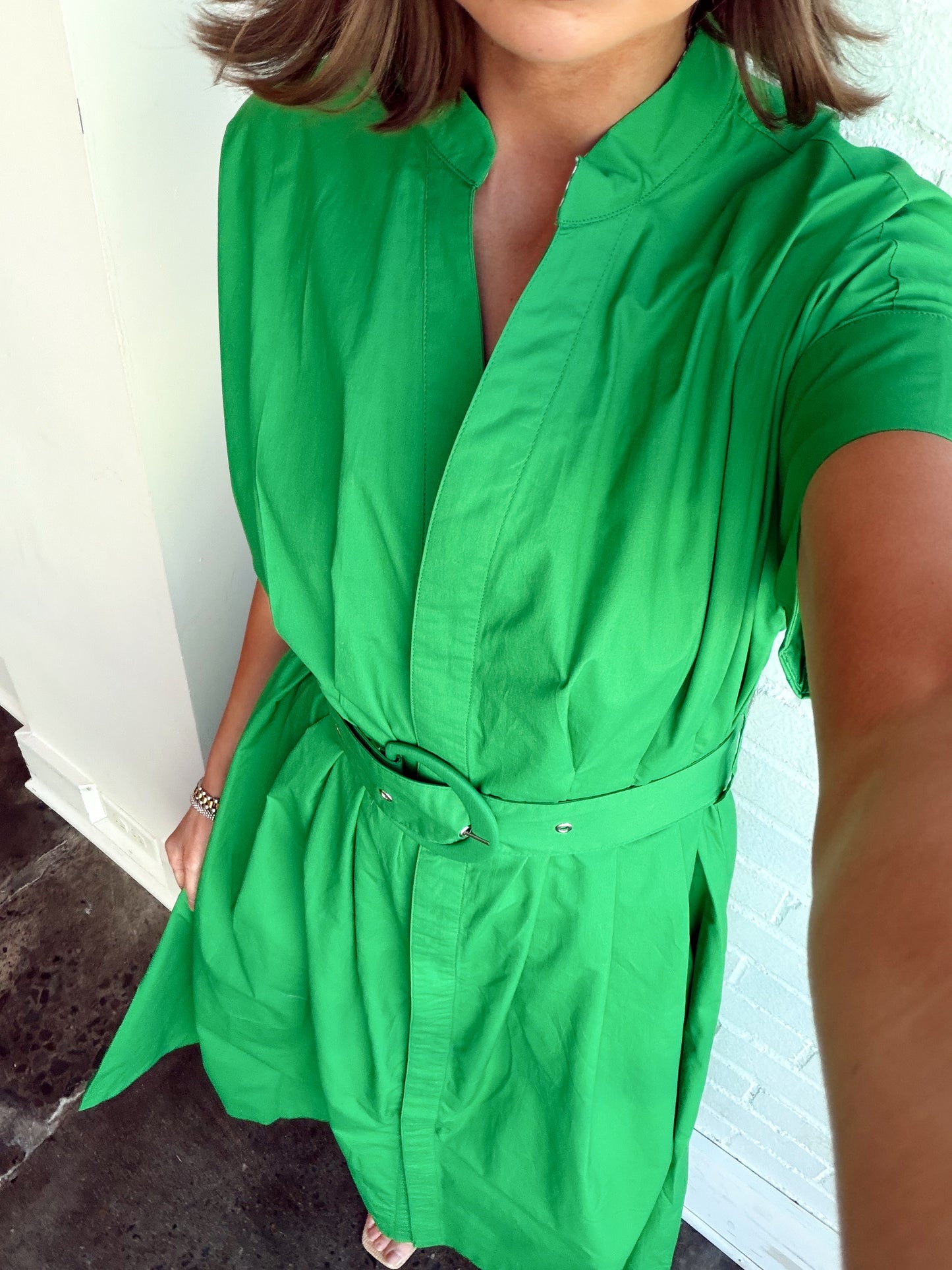POPLIN DARTED WAIST LONG BELTED DRESS