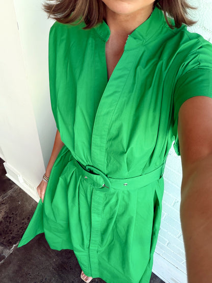 POPLIN DARTED WAIST LONG BELTED DRESS