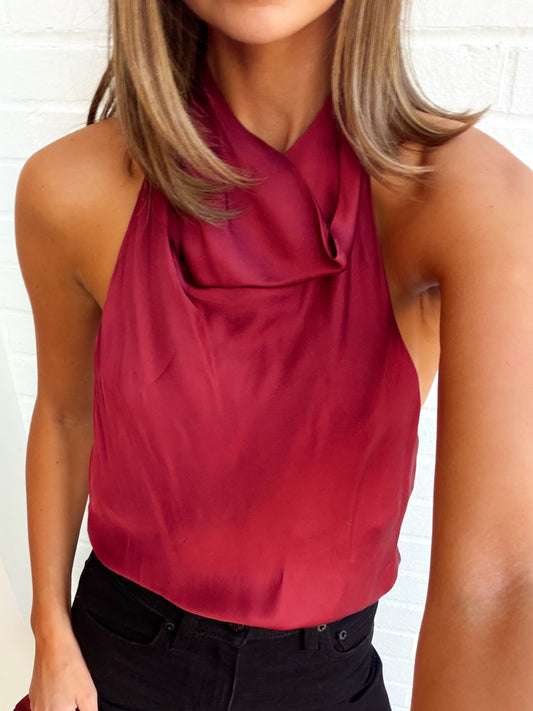 MADISON SATIN COWL NECK HALTER TOP