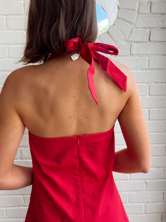 STRETCH LINEN HALTER MINI W/ TWIST