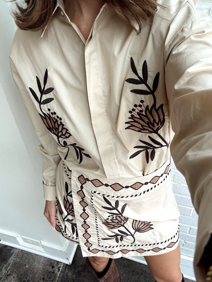 EMBROIDERED BUTTON DOWN SHIRT & SKIRT SET