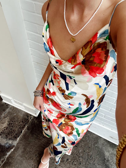 WATERCOLOR FLORAL TIE MAXI DRESS