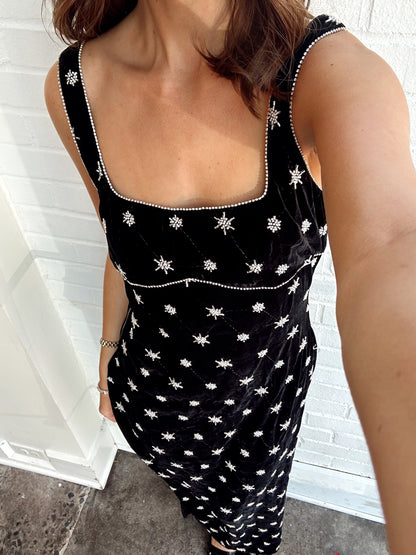 EMRYS BEADED EMBELLISHED VELVET MIDI DRESS