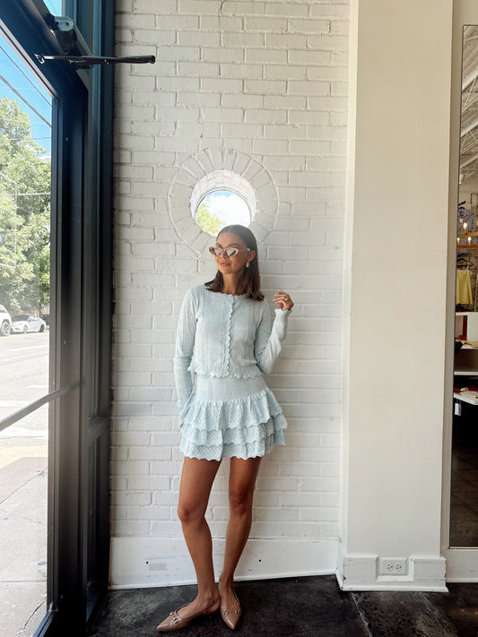 BOW POINTELLE KNIT CARDI & MINI SKIRT SET