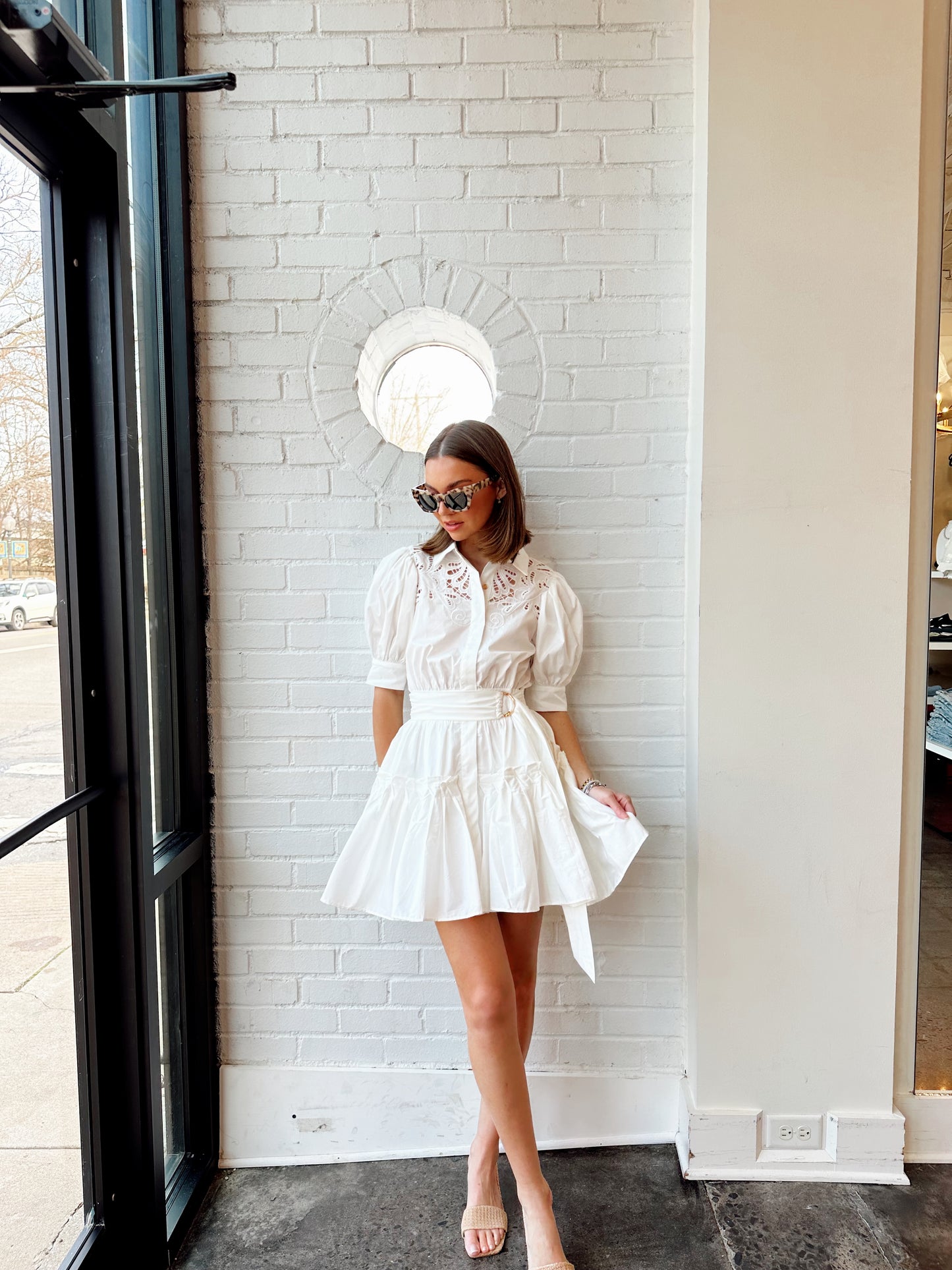 EMBROIDERED PUFF SLEEVE MINI SHIRT DRESS