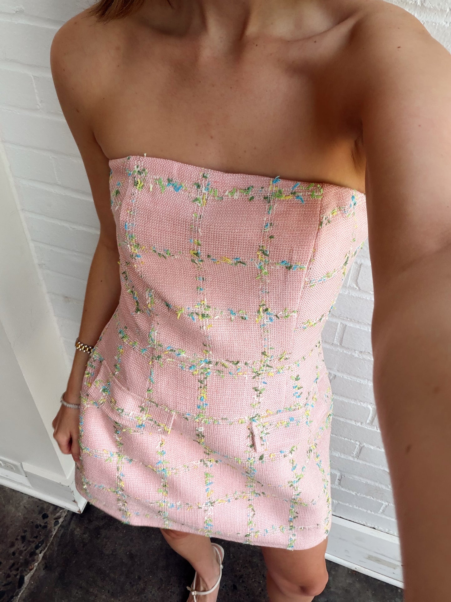 STRAPLESS TWEED MINI DRESS