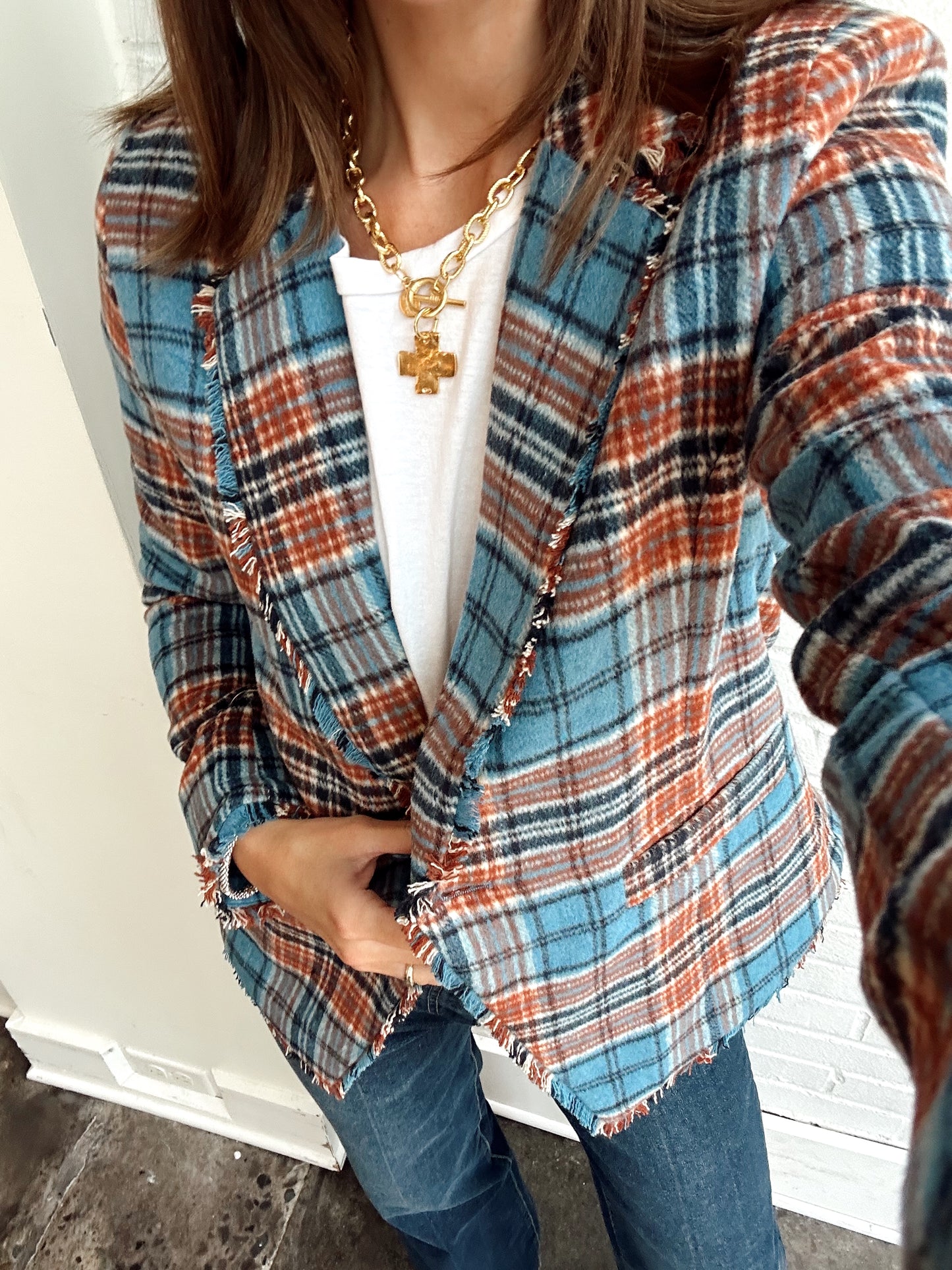 ELYSE PLAID FRINGE BLAZER