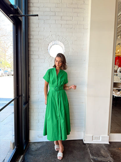 POPLIN DARTED WAIST LONG BELTED DRESS