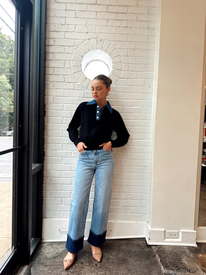 DENIM/KNIT COLLARED SWEATER