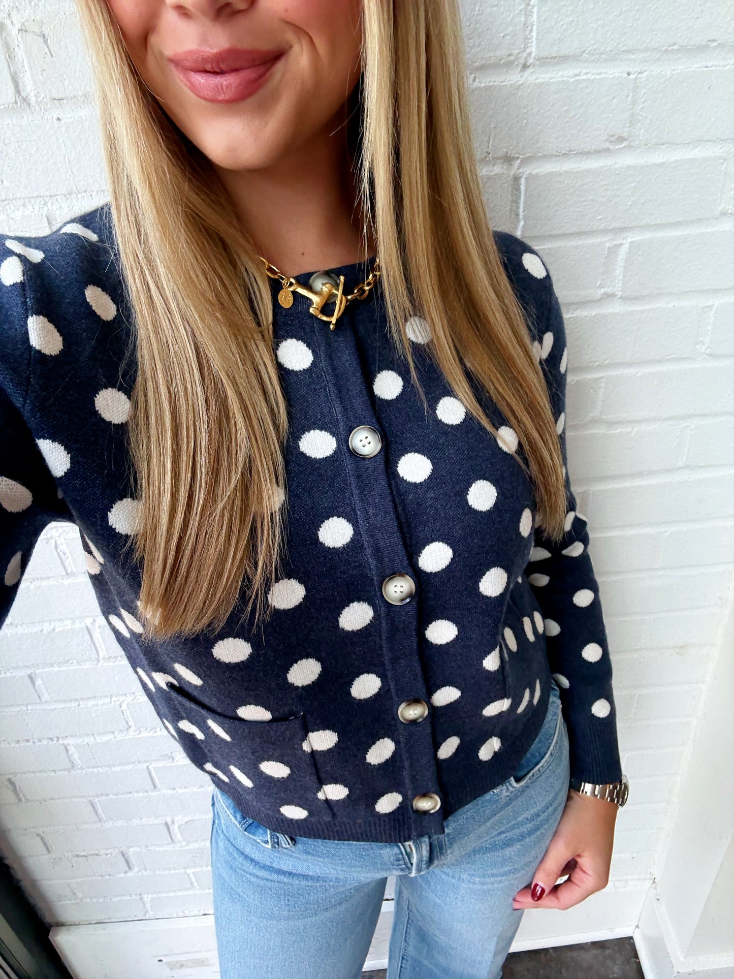 ROUND NECK POLKA DOT CARDIGAN