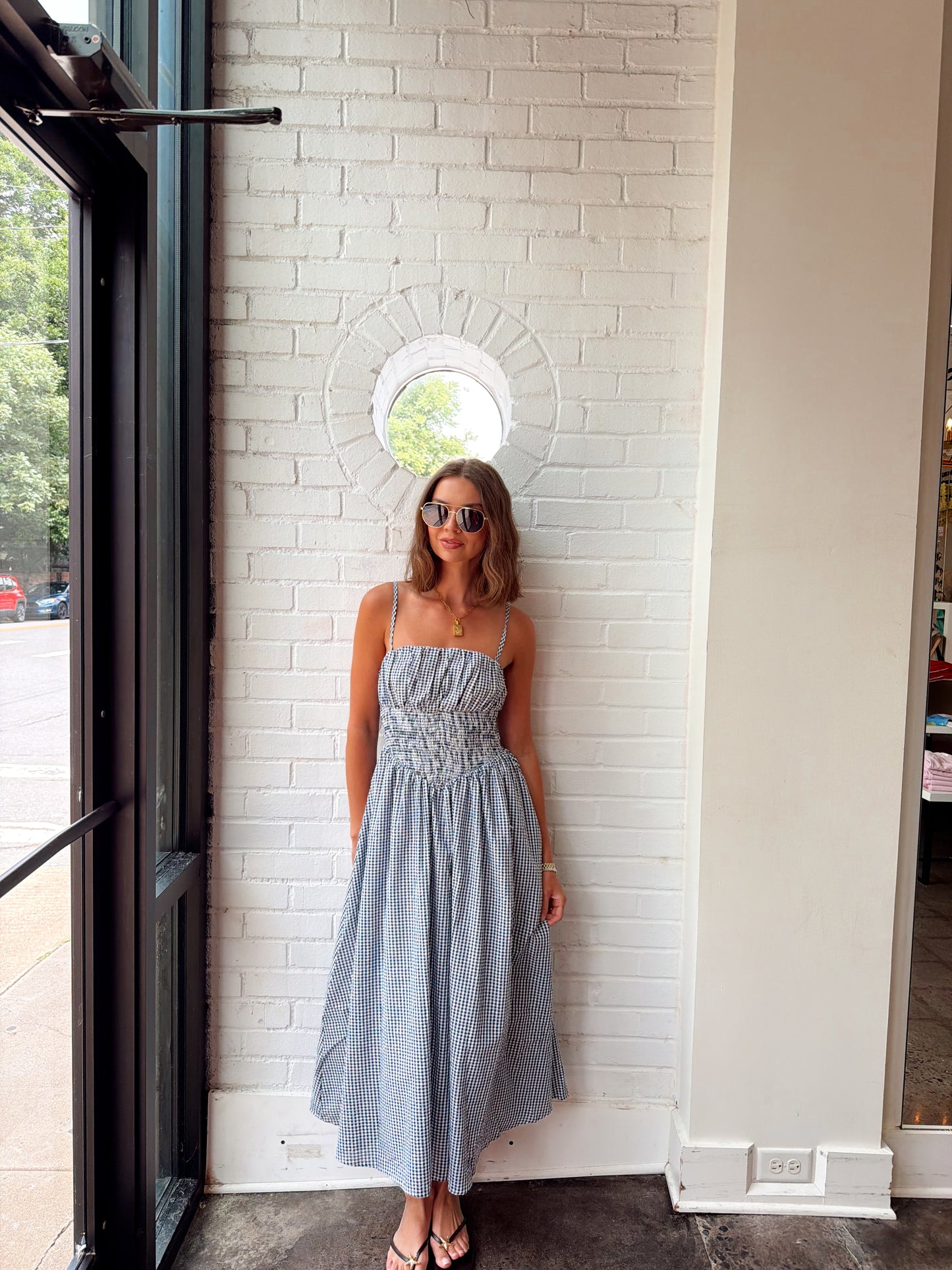 SEERSUCKER GINGHAM MIDI DRESS