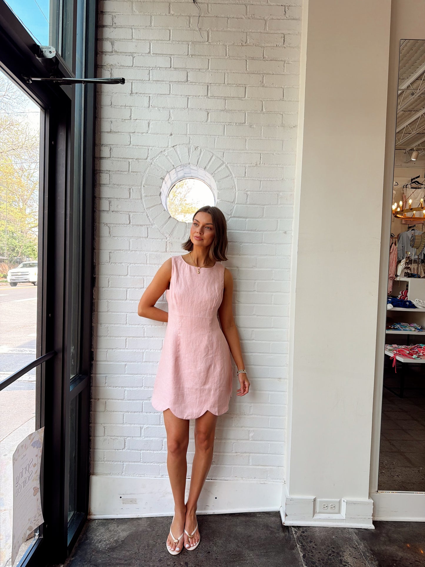 SCALLOP HEM LINEN MINI DRESS
