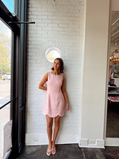 SCALLOP HEM LINEN MINI DRESS