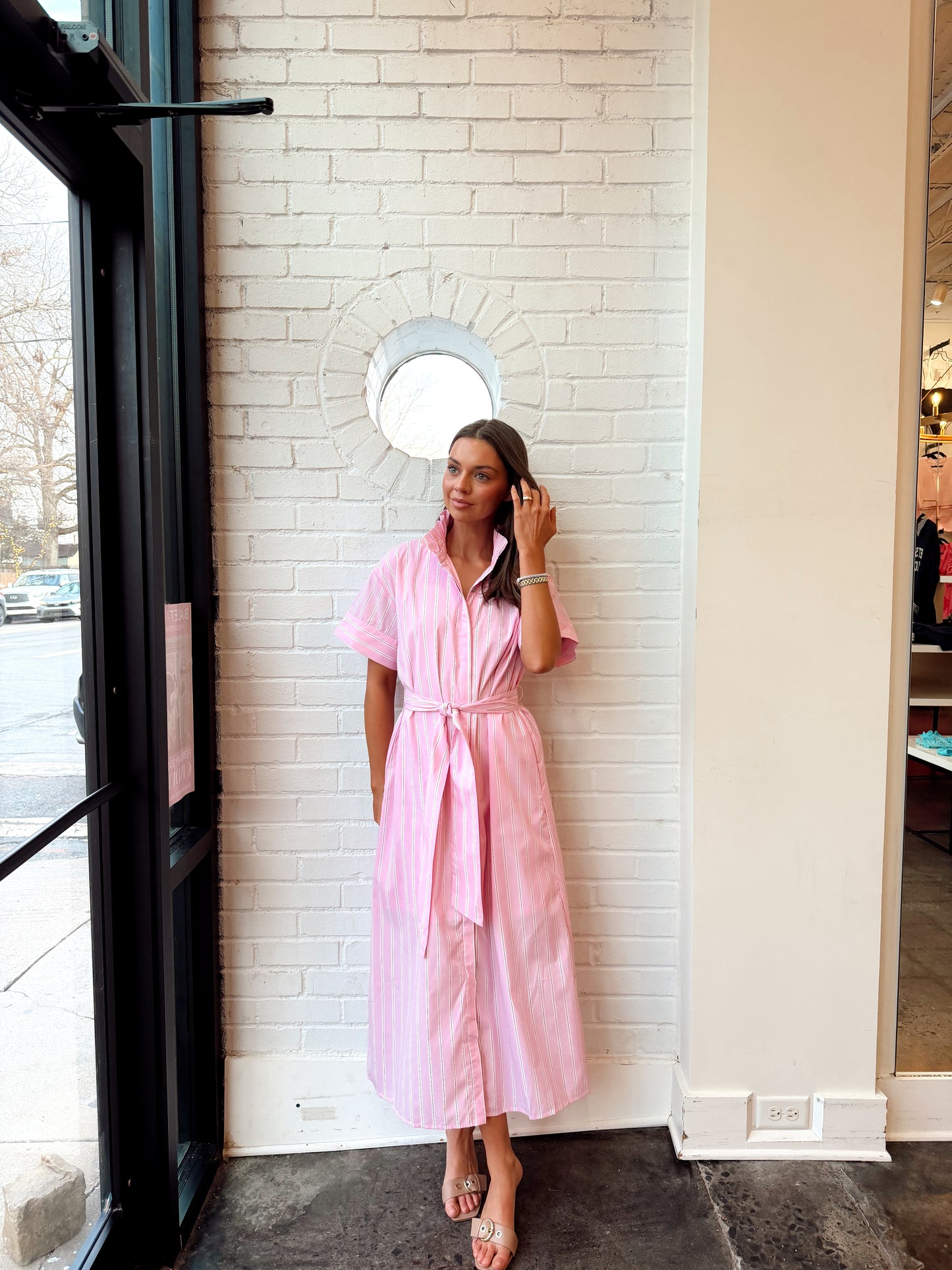 HIGH COLLAR PINK STRIPED MAXI