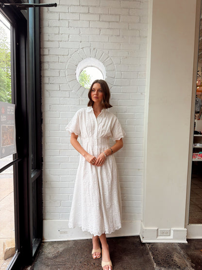 CINCHED WAIST EYELET MIDI DRESS