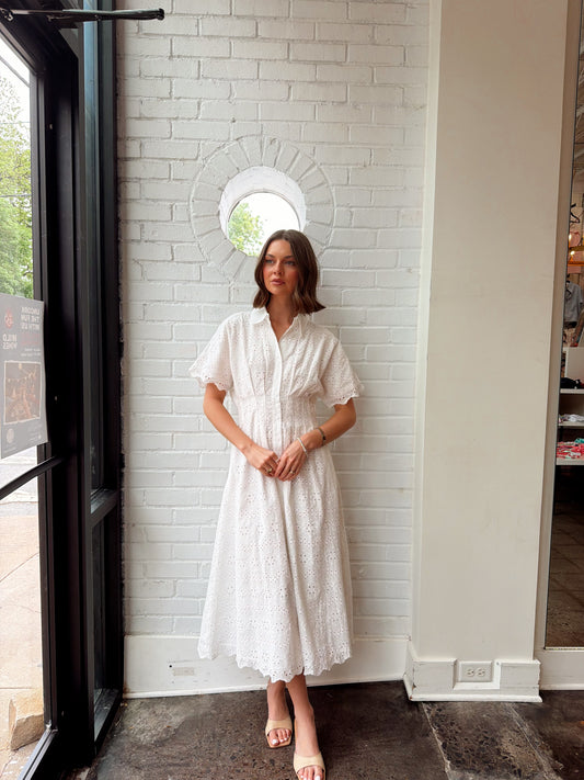 CINCHED WAIST EYELET MIDI DRESS