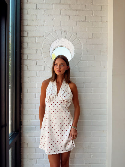 SATIN POLKA DOT HALTER DRESS W/ LACE DETAIL