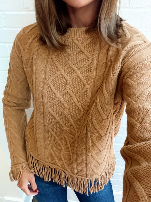 PHOEBE CABLED LS FRINGE SWEATER