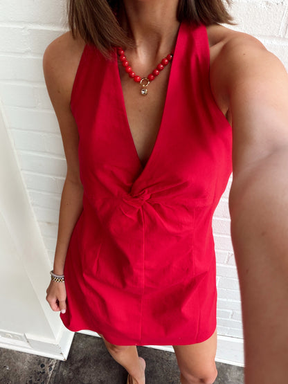 STRETCH LINEN HALTER MINI W/ TWIST
