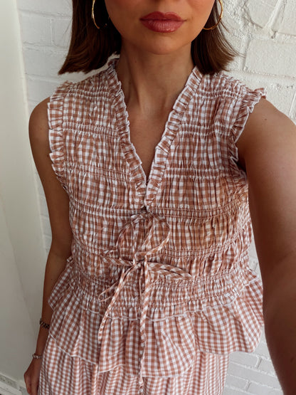 RHODES POPLIN GINGHAM FLUTTER SLEEVE TOP