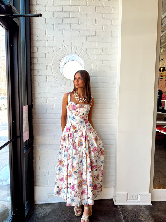 FLORAL PRINTED SWEETHEART NECKLINE MIDI