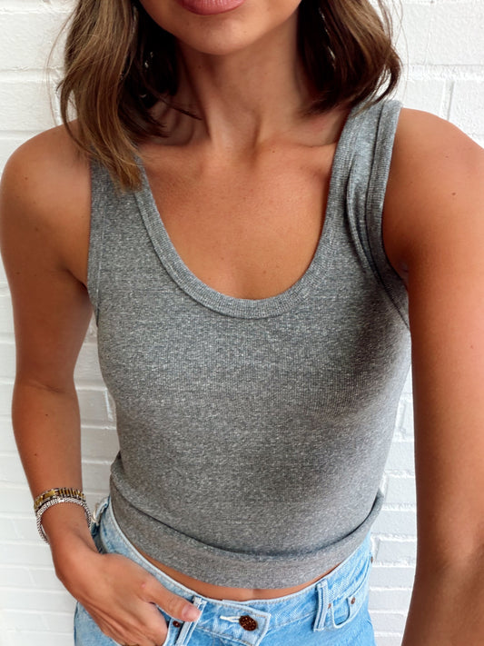 BLONDIE RIBBED TANK- DK HEATHER GREY