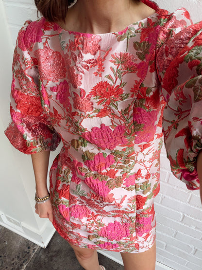 METALLIC FLORAL PUFF SLEEVE MINI DRESS