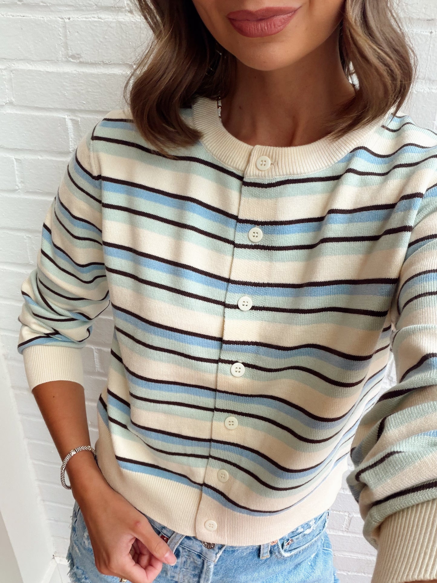 LS CREW NECK MULTI STRIPE SWEATER CARDIGAN