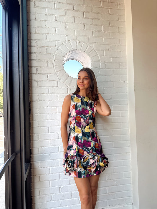 PETAL SLEEVELESS MINI W/ ROSE APPLIQUE