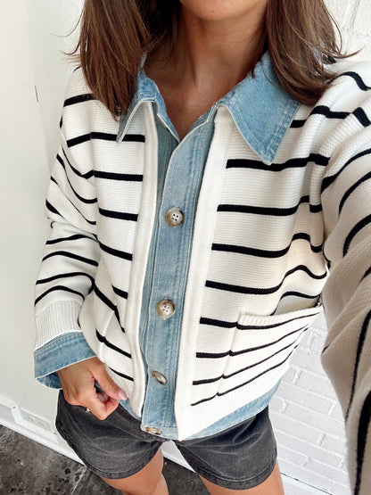STRIPE KNIT & DENIM CARDIGAN