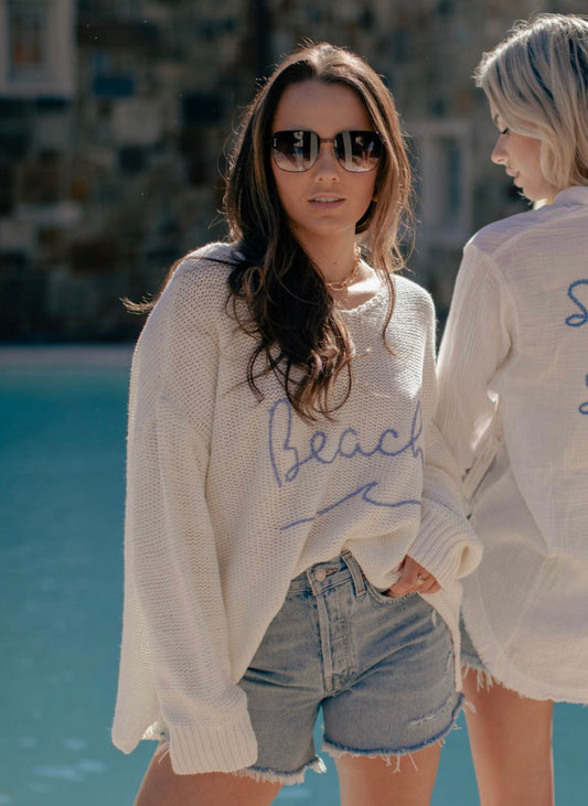 BEACH EMBROIDERED V-NECK SWEATER